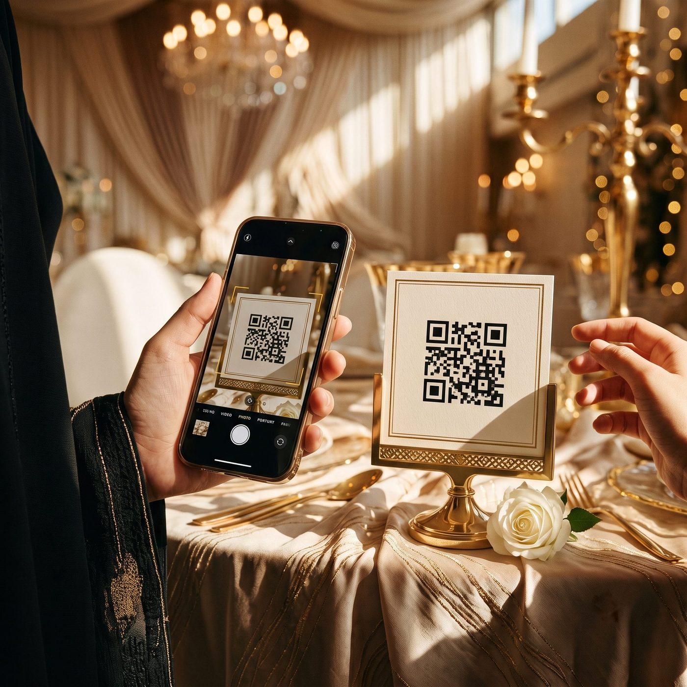ضيفة تلتقط صورة لرمز QR على طاولة قاعة الحفل بهاتفها