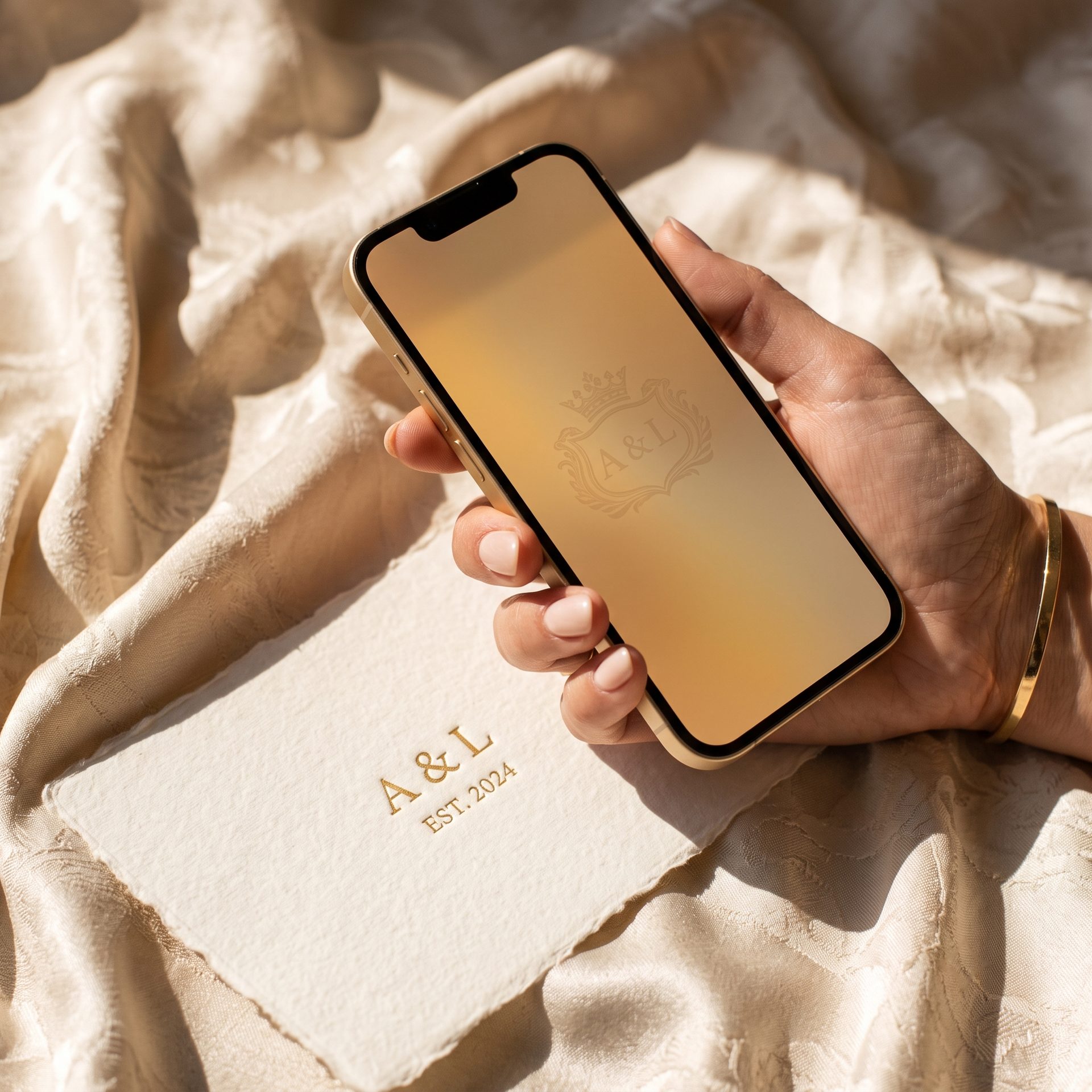 يد تحمل هاتفًا يعرض دعوة رقمية بشعار ذهبي
