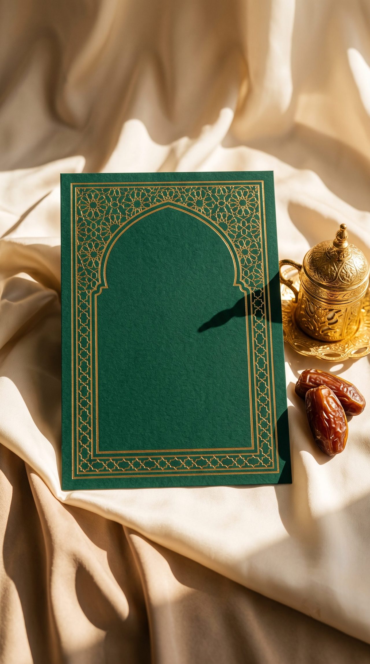 دعوة ليلة العمر — غلاف زمردي بزخارف ذهبية مع دلة قهوة عربية
